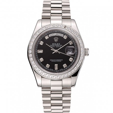 Swiss Rolex Day-Date Black Dial Diamond Case Diamond Numerals Stainless Steel Bracelet 1453966
