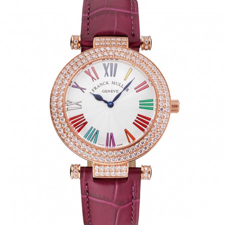 Franck Muller Double Mistery Ronde White Dial Rose Gold Case Plum Leather Strap