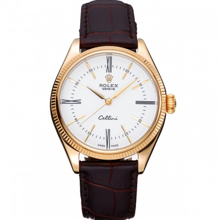 Rolex Cellini White Dial Gold Case Brown Leather Strap  622833
