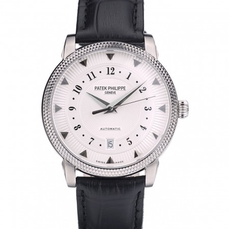 Patek Philippe Swiss Calatrava Ribbed Bezel White Dial Black Leather Strap 7657