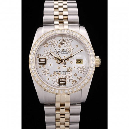 Rolex DateJust Brushed Stainless Steel Case Silver Flowers Dial Diamonds Plated