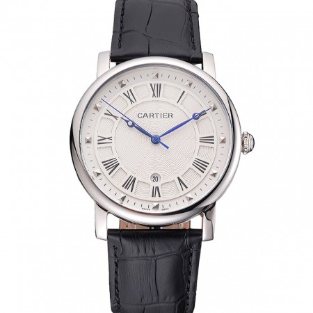 Cartier Rotonde Date White Dial Stainless Steel Case Black Leather Strap