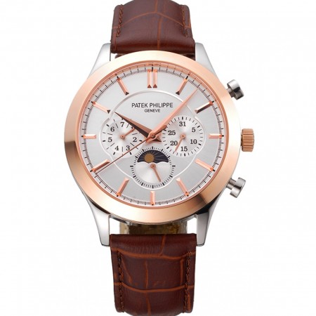 Patek Philippe Moonphase Chronograph White Dial Gold Case Brown Leather Strap  622843