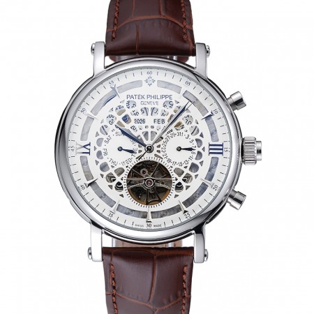 Patek Philippe Grand Complications Annual Calendar White Dial Silver Case Brown Leather Bracelet  1454233