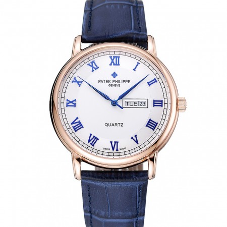 Patek Philippe Calatrava White Dial Blue Roman Numerals Gold Case Blue Leather Bracelet 1454056