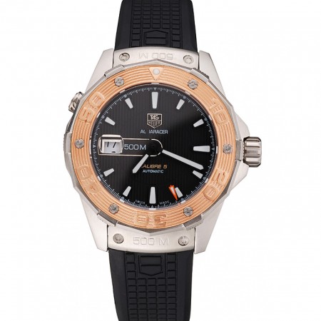 Swiss Tag Heuer Aquaracer Calibre 5 Black Dial Gold Bezel Stainless Steel Case Black Rubber Strap
