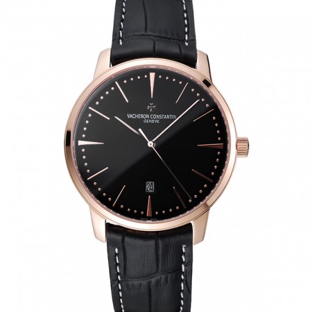 Swiss Vacheron Constantin Patrimony Black Dial Rose Gold Case Black Leather Bracelet    1454168