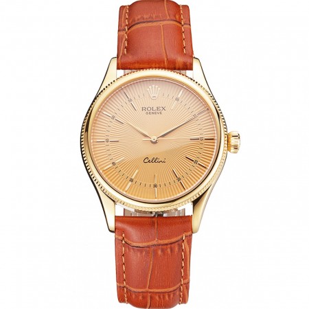 Swiss Rolex Cellini Gold Dial And Markings Gold Case Light Brown Leather Strap