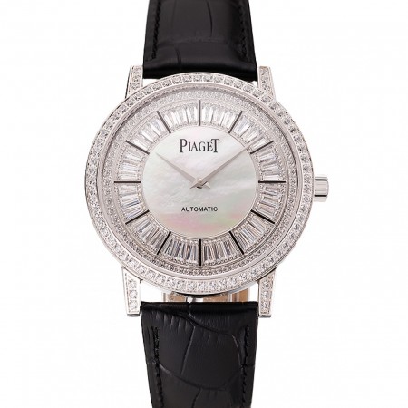 Swiss Piaget Altiplano Diamond Set Stainless Steel Case And Pearl Dial Black Leather Strap 1453746