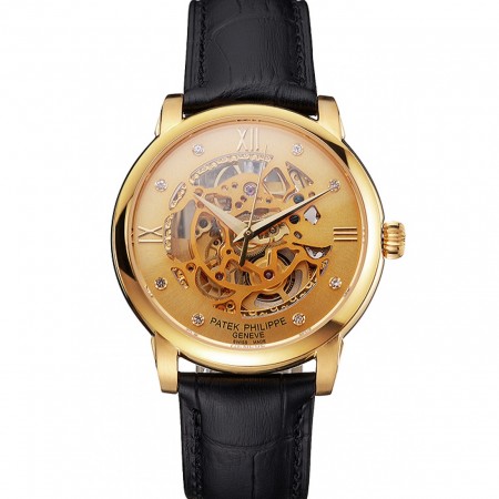 Swiss Patek Philippe Complications Openworked Dial Gold Case Black Leather Strap