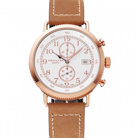Hamilton Navy Pioneer Chrono White Dial Rose Gold Case Light Brown Leather Strap