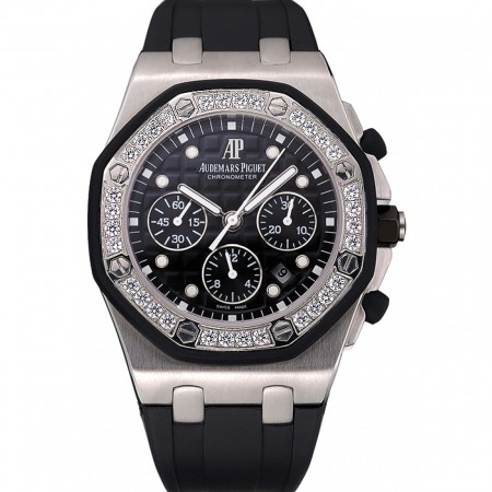 Swiss Audemars Piguet Royal Oak Chronometer Black Dial Diamond Bezel Stainless Steel Case Black Rubber Strap  622867