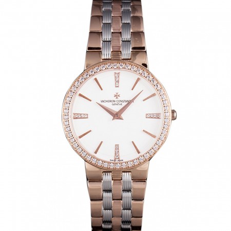 Vacheron Constantin Patrimony Traditionnelle White Dial Rose Gold Diamond Case Two Tone Bracelet