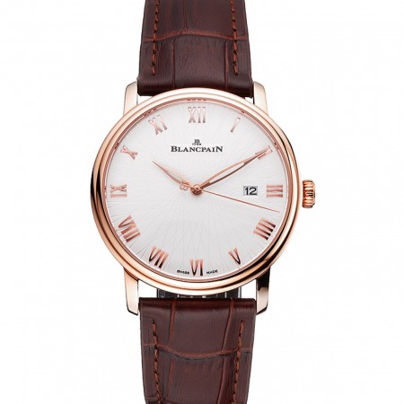 Blancpain Villeret Ultra Slim White Groved Dial Gold Numerals Rose Gold Case Brown Leather Strap