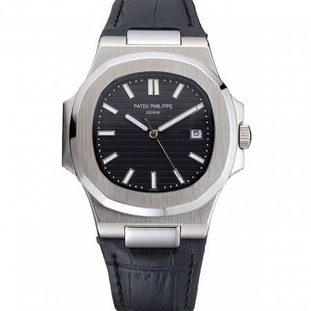 Patek Philippe Nautilus Black Dial Brushed Stainless Steel Case Black Leather Strap