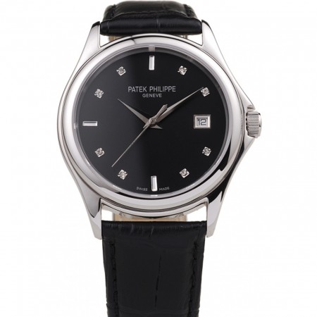 Patek Philippe Geneve Calatrava Crystal Studded Hour Marker Black Dial Black Leather Strap 98170