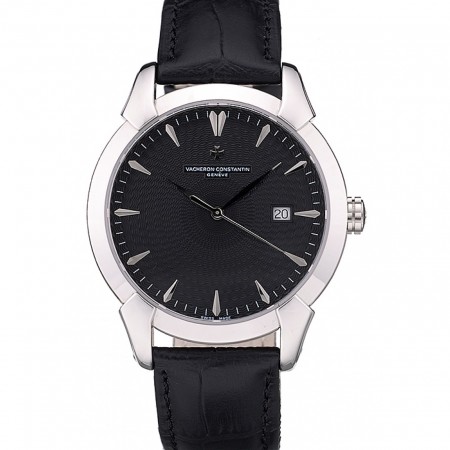 Swiss Vacheron Constantin Traditionnelle Black Dial Stainless Steel Case Black Leather Bracelet