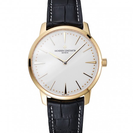 Swiss Vacheron Constantin Patrimony Grand Taille White Dial Gold Case Black Leather Bracelet  1454176