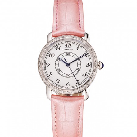 Cartier Ronde White Dial Diamond Bezel Stainless Steel Case Pink Leather Strap