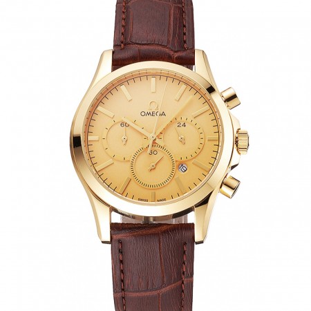 Omega Chronograph Gold Dial Gold Case Brown Leather Strap