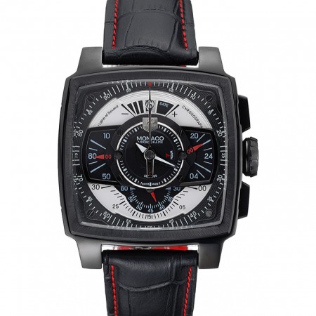 Tag Heuer Monaco Black-Red Perforated Leather Strap Black Dial 80309
