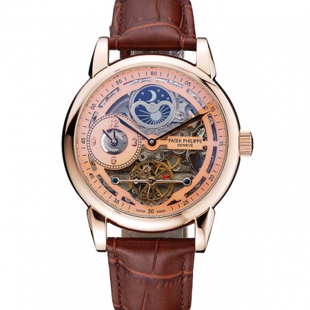 Patek Philippe Dual Time Moonphase Tourbillon Gold Skeletonised Dial Rose Gold Case Brown Leather Strap