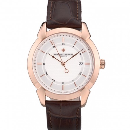 Swiss Vacheron Constantin Traditionnelle White Dial Rose Gold Case Brown Leather Bracelet