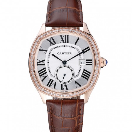 Cartier Drive De Cartier White Dial Silver Diamond Case Brown Leather Bracelet 1454216