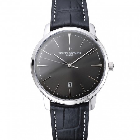 Swiss Vacheron Constantin Patrimony Grey Dial Silver Case Black Leather Bracelet 1454160