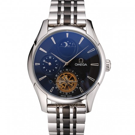 Omega De Ville Moonphase Tourbillon Black Dial Stainless Steel Case Two Tone Black Steel Bracelet
