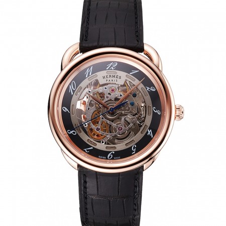 Swiss Hermes Arceau Skeleton Black Dial Brown Hands Rose Gold Case Black Leather Strap