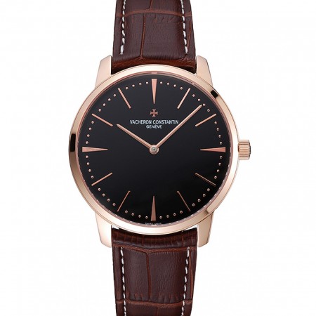 Swiss Vacheron Constantin Patrimony Grand Taille Black Dial Rose Gold Case Brown Leather Bracelet  1454169