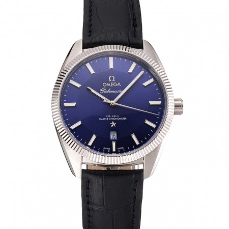 Omega Globemaster Blue Dial Stainless Steel Case Black Leather Strap