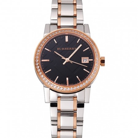 Burberry The City Black Dial Rose Gold Diamond Bezel Stainless Steel Case Two Tone Bracelet