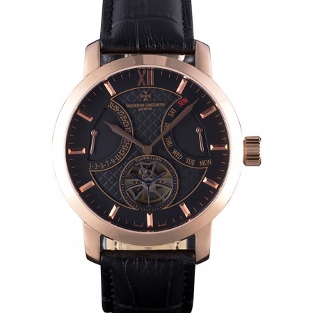 Vacheron Constantin Tourbillon Black Dial Rose Gold Case Black Leather Bracelet