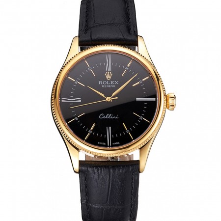 Swiss Rolex Cellini Black Dial Roman Numerals Gold Case Black Leather Strap