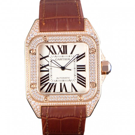 Swiss Cartier Santos Rose Gold Bezel with Diamonds and Brown Leather Strap sct46  621530