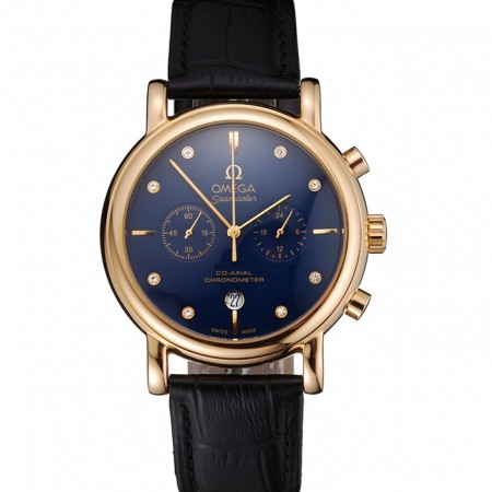 Omega Seamaster Vintage Chronograph Blue Dial Diamond Hour Marks Gold Case Black Leather Strap
