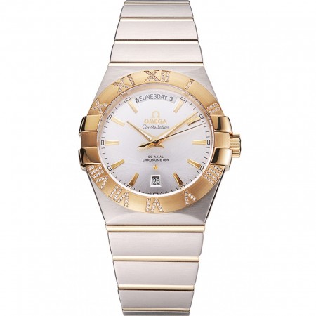 Swiss Omega Constellation White Dial Stainless Steel Case Gold Bezel Two Tone Bracelet