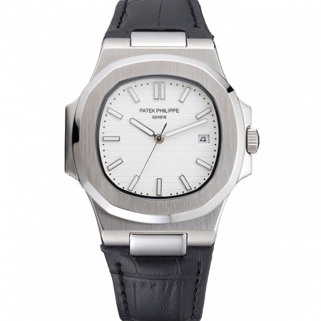 Patek Philippe Nautilus White Dial Brushed Stainless Steel Case Black Leather Strap