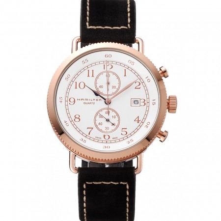 Hamilton Navy Pioneer Chrono White Dial Rose Gold Case Black Leather Strap