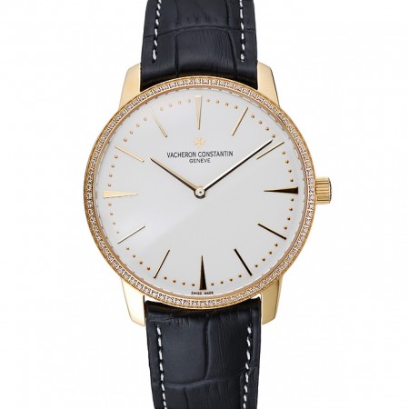 Swiss Vacheron Constantin Patrimony Grand Taille White Dial Gold Diamond Case Black Leather Bracelet 1454181