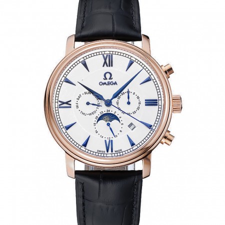 Omega De Ville Moonphase White Dial Rose Gold Case Black Leather Bracelet  1454227