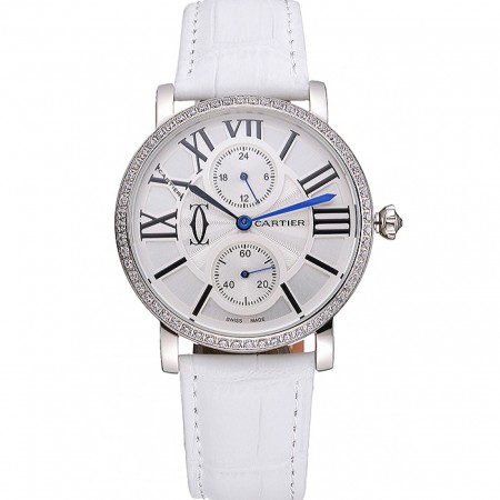 Cartier Ronde Second Time Zone White Dial Stainless Steel Case With Diamonds White Leather Strap  622803