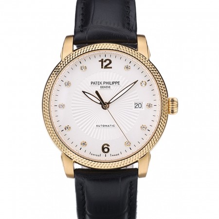 Patek Philippe Swiss Calatrava Ribbed Bezel White Dial Black Leather Strap 7642