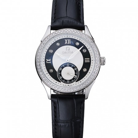 Omega DeVille Prestige Black Dial Silver Diamond Case Black Leather Bracelet  1454120