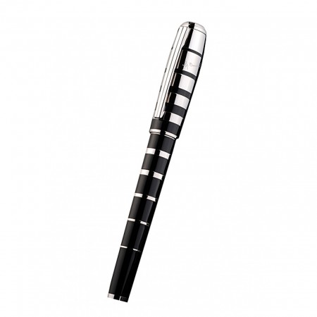 MontBlanc Silver Ring Pattern Black Enamel Ballpoint Pen With MB Engraved Cap