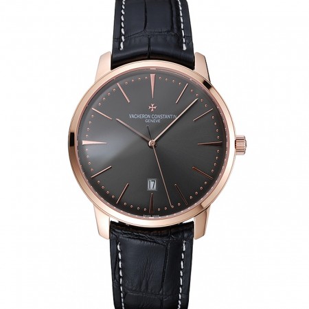 Swiss Vacheron Constantin Patrimony Grey Dial Rose Gold Case Black Leather Bracelet 1454167