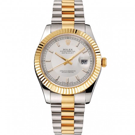 Swiss Rolex Datejust White Dial Gold Bezel Stainless Steel Case Two Tone Gold Bracelet