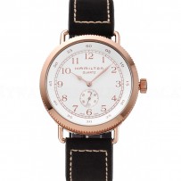 Hamilton Navy Pioneer Small Second White Dial Rose Gold Case Black Leather Strap